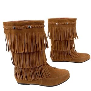 Blue Suede Shoes Women Brown Fringed Boots Moccasin Size 8 Boho Westernvibes